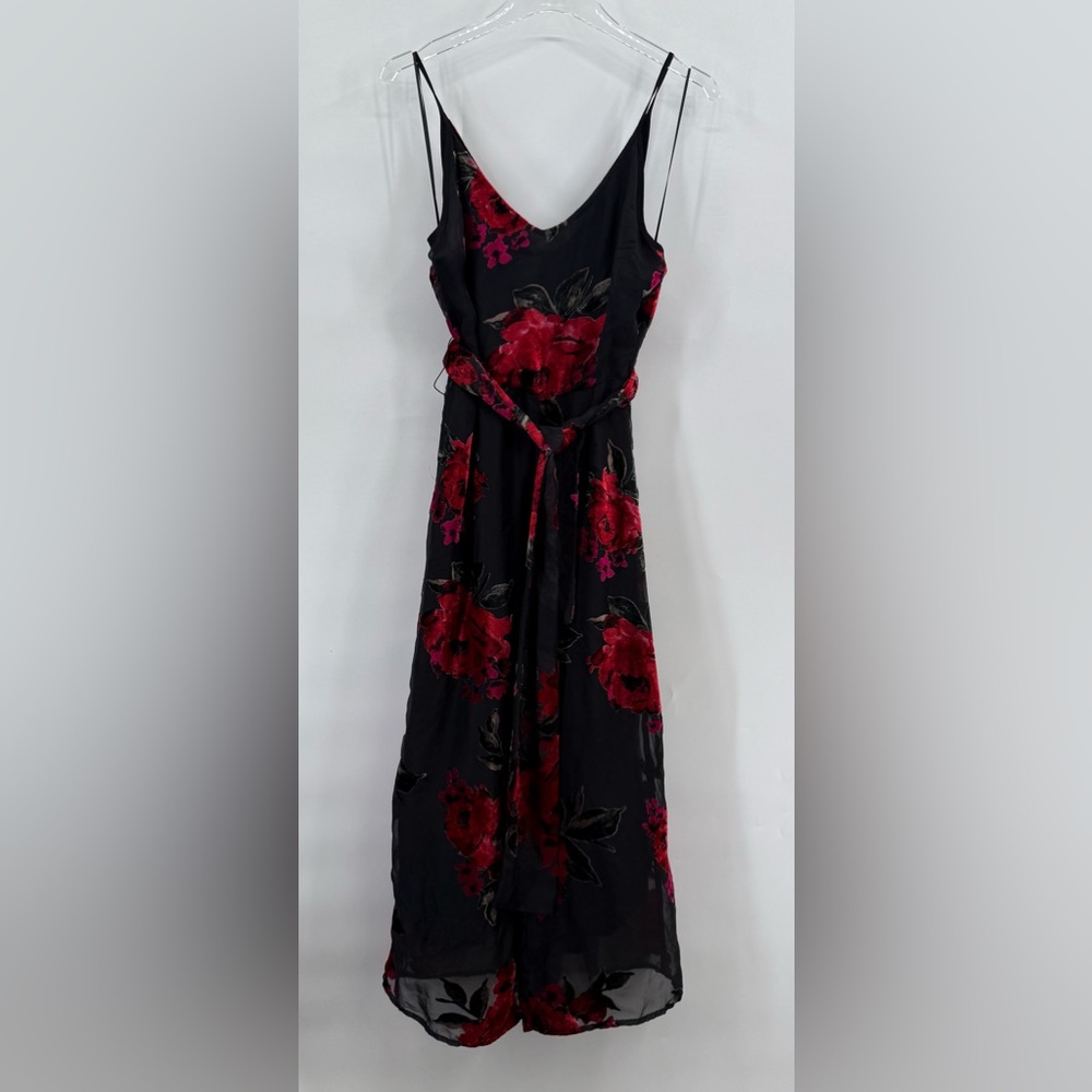 Anthropologie Ettwa Burnout Velvet Jumpsuit Black Red Floral Wide Leg small‎ - Picture 4 of 13